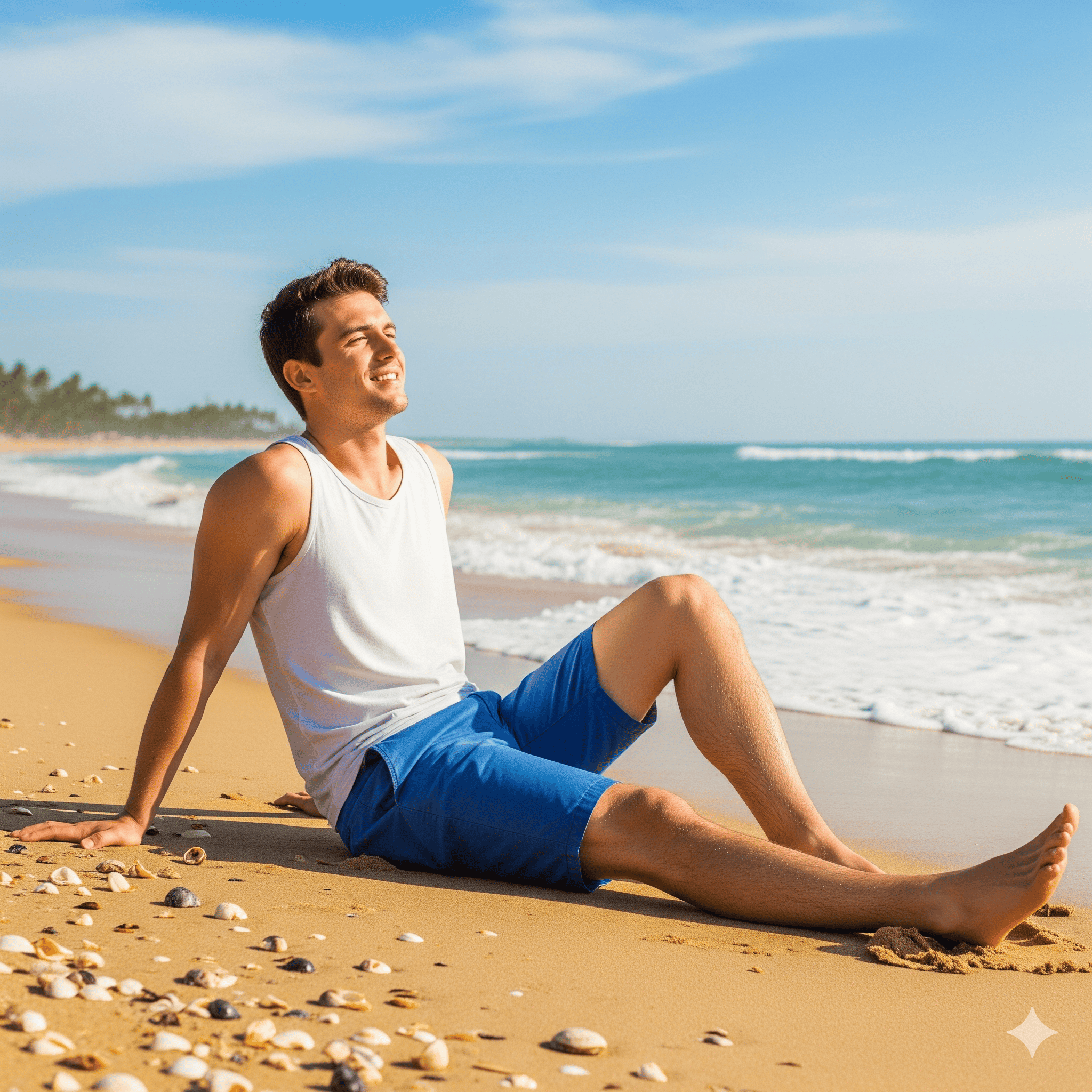 Young man relaxing on sandy tropical beach in white tank top and blue shorts enjoying sunny summer vacation by the ocean with seashells and gentle waves