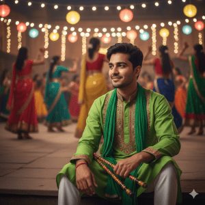 Young Indian man in green traditional kurta with colorful dandiya sticks sitting and smiling at Navratri Garba night with festive lights and dancers in background