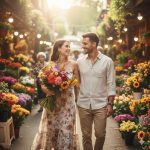Happy couple walking through a colorful outdoor flower market at sunset, holding a vibrant bouquet of fresh flowers and smiling at each other