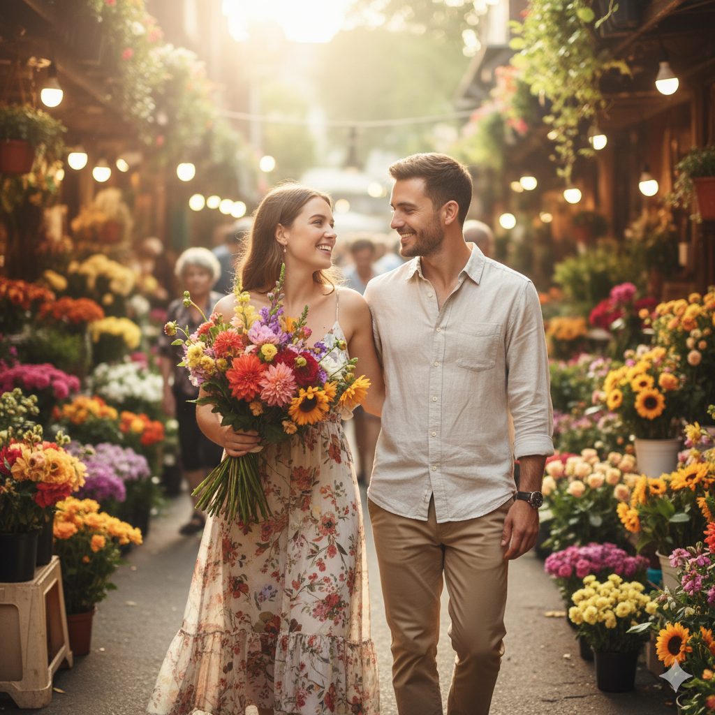 Happy couple walking through a colorful outdoor flower market at sunset, holding a vibrant bouquet of fresh flowers and smiling at each other