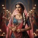 Elegant Indian woman in blue and pink embroidered lehenga with floral braid and jewelry holding dandiya sticks during Navratri Garba celebration with traditional lamps in background