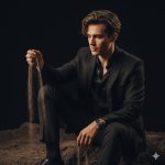 A dramatic, low-key portrait of a stylish man in a black suit, sitting on a mound of dark soil and letting a handful of fine brown sand trickle through his fingers, wearing a luxury watch.
