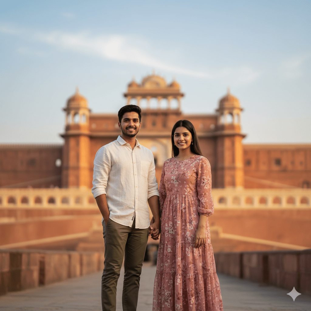 This warm, natural photograph captures a young couple enjoying a heritage stroll at a majestic Indian fort. Bathed in soft evening sunlight, the scene highlights red sandstone architecture, intricate domes, and expansive courtyards while the couple stands hand in hand, perfectly framed against the clear blue sky. It’s an inviting visual for travel and culture blogs, wedding or engagement shoots, heritage tourism promotions, or lifestyle features. Young couple holding hands and smiling in front of a historic Indian fort with warm evening light and clear blue sky