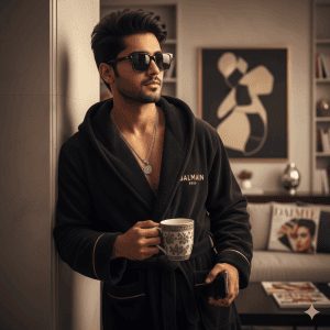 A beautiful woman with long dark hair wearing a relaxed white t-shirt and white pants, touching pink bougainvillea flowers against a light wall, with dramatic side lighting and shadows.