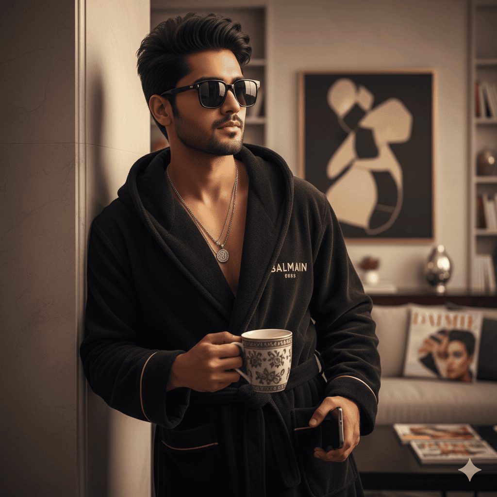 A beautiful woman with long dark hair wearing a relaxed white t-shirt and white pants, touching pink bougainvillea flowers against a light wall, with dramatic side lighting and shadows.