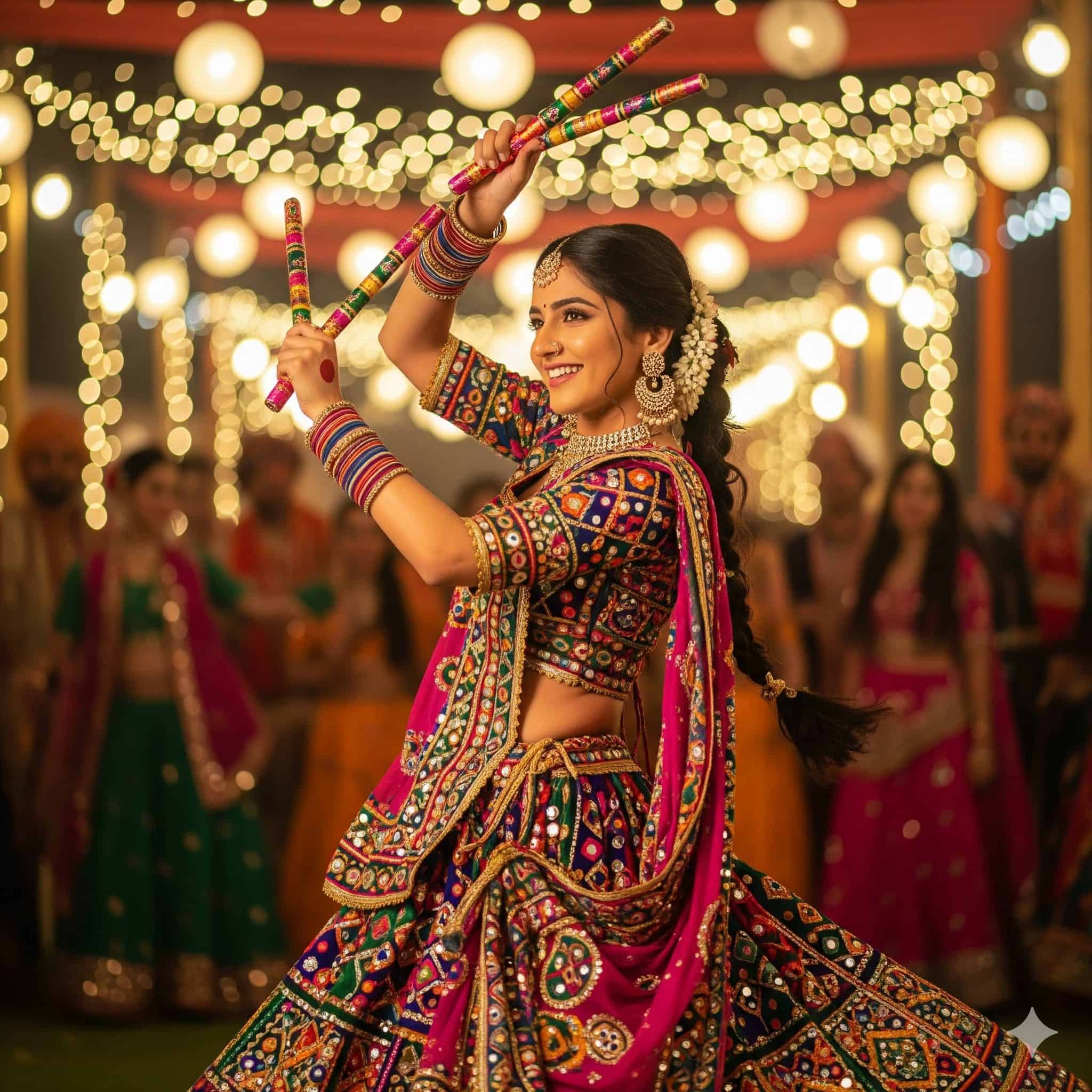 Young woman in vibrant pink and multicolor traditional lehenga dancing Garba with decorated dandiya sticks under festive lights during Navratri celebrationHer vibrant attire, intricate jewelry, and graceful movements showcase the rich artistry of Gujarati culture, making the scene perfect for festival promotions, fashion features, cultural heritage blogs, social media campaigns, and travel or event marketing. The photo radiates festive excitement, traditional music, and community celebration, ideal for SEO around Navratri dance nights, Indian folk art, and ethnic fashion inspiration.