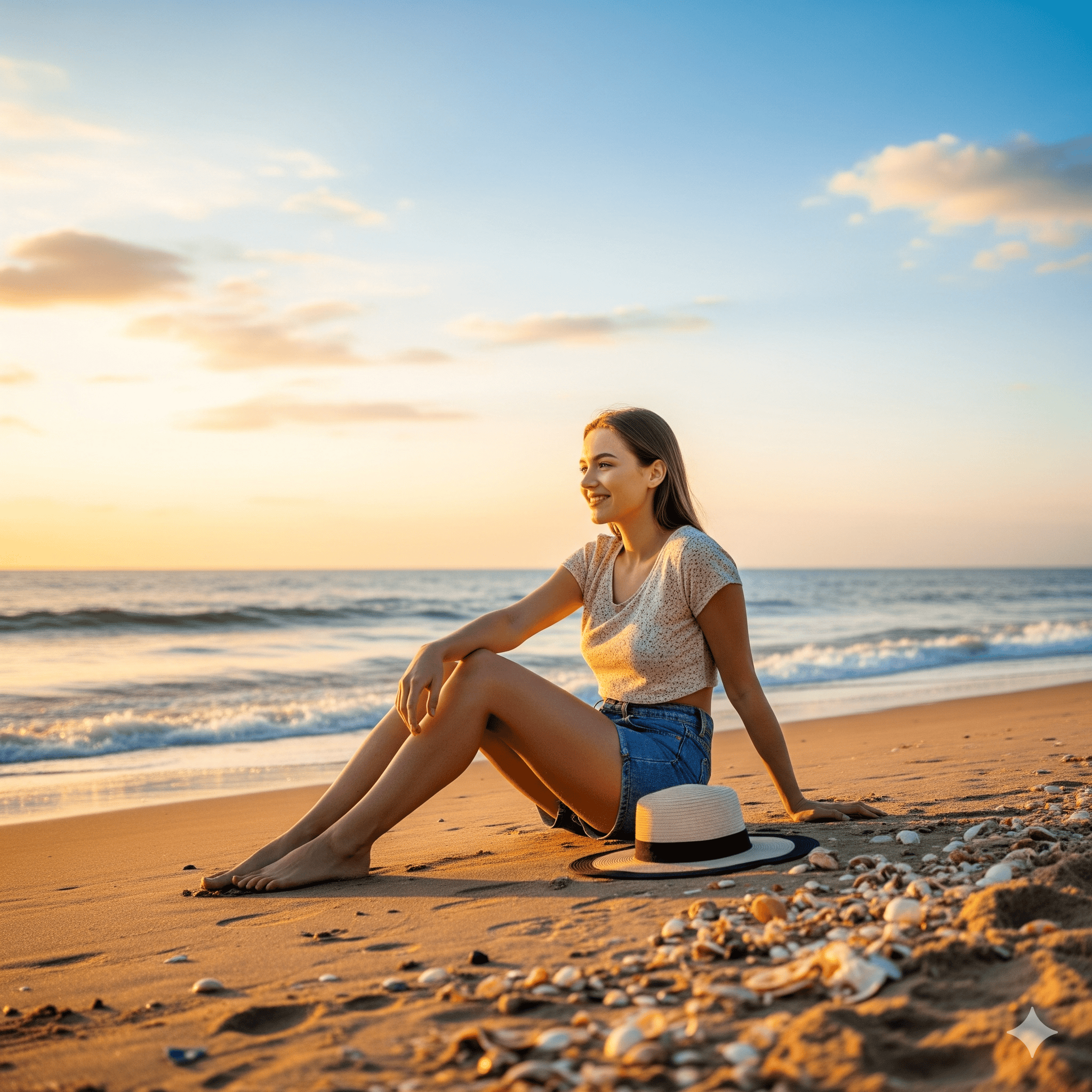 Young woman sitting on sandy beach at sunset in casual summer outfit with straw hat, relaxing by ocean waves and seashells