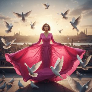 A dramatic, conceptual image of a woman in a sweeping pink chiffon gown standing on a rooftop overlooking a city, surrounded by many white doves flying upward at sunset.