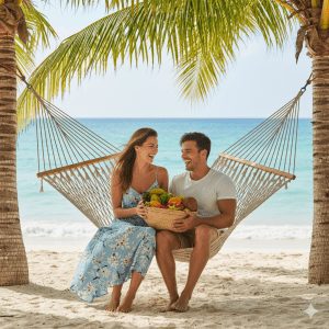 Smiling couple sitting together on a hammock between palm trees at a tropical beach, holding a basket of fresh fruit with turquoise ocean in the background