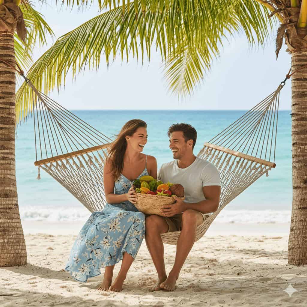 Smiling couple sitting together on a hammock between palm trees at a tropical beach, holding a basket of fresh fruit with turquoise ocean in the background