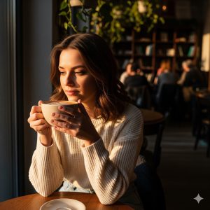 Young woman in cream sweater enjoying a cup of coffee by the window of a cozy urban café during golden hour with soft natural light