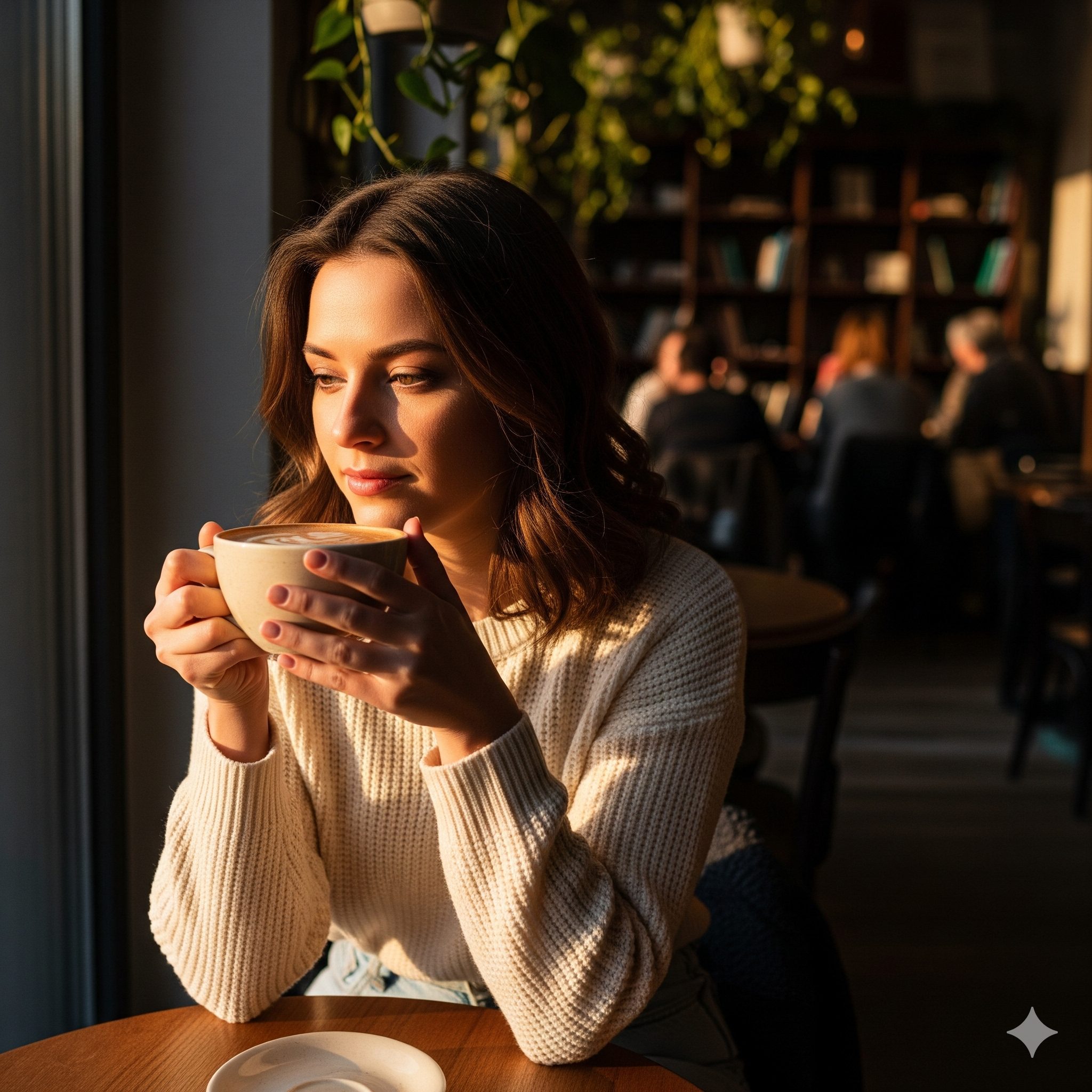 Young woman in cream sweater enjoying a cup of coffee by the window of a cozy urban café during golden hour with soft natural light