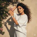 A handsome man in a brown plaid suit and tie, lounging casually on a luxurious hotel bed while talking on a vintage telephone, with a champagne bottle in an ice bucket and a bowl of french fries next to him.