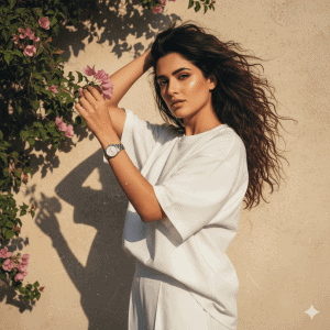 A handsome man in a brown plaid suit and tie, lounging casually on a luxurious hotel bed while talking on a vintage telephone, with a champagne bottle in an ice bucket and a bowl of french fries next to him.