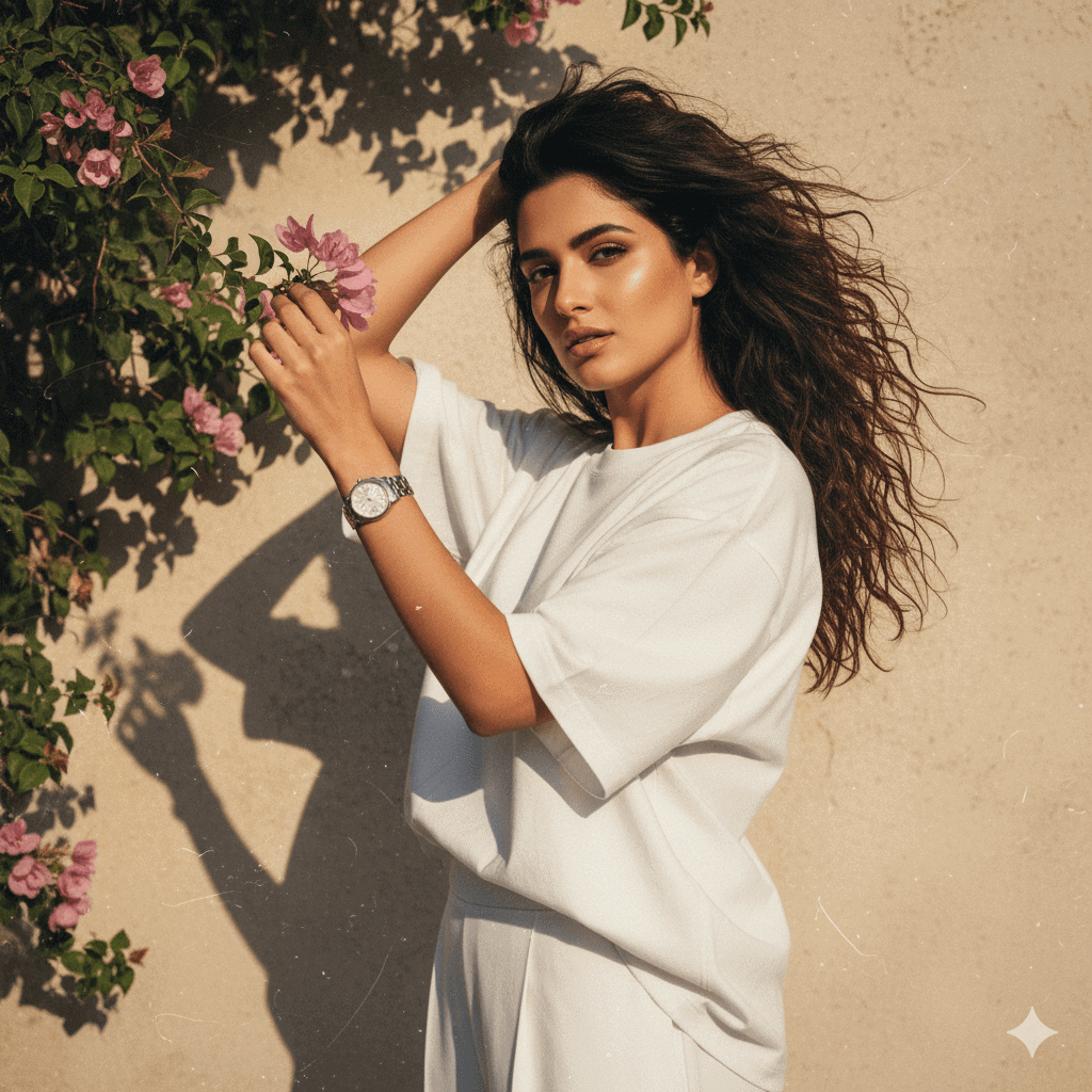 A handsome man in a brown plaid suit and tie, lounging casually on a luxurious hotel bed while talking on a vintage telephone, with a champagne bottle in an ice bucket and a bowl of french fries next to him.