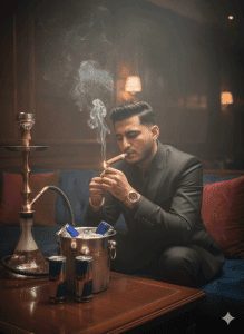 A young man in a white shirt and black pants sits with his eyes closed, leaning against a bare-branched tree trunk in a lush, dense green field under a diffused, cloudy sky.