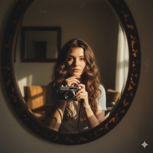 Young woman with wavy hair taking a mirror self-portrait with a vintage camera in warm natural light inside a cozy room