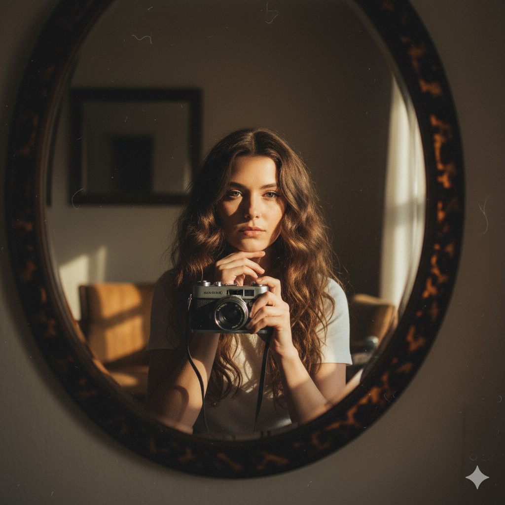 Young woman with wavy hair taking a mirror self-portrait with a vintage camera in warm natural light inside a cozy room