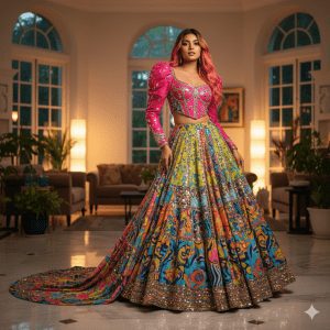 A stunning couple, holding hands and smiling, stands on a cliff edge overlooking the blue ocean with the colorful, terraced homes of Positano or the Amalfi Coast climbing the steep mountainside behind them.