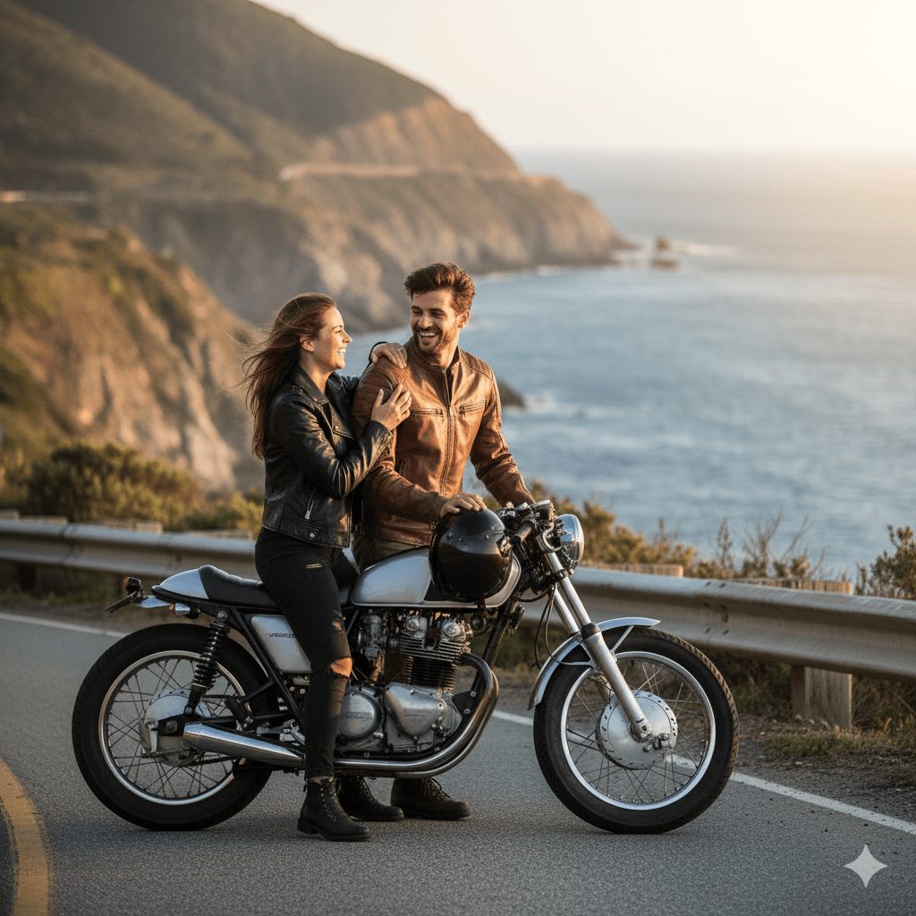 This captivating high-resolution photograph celebrates freedom and adventure on the open road. A smiling couple in stylish leather jackets pauses with their classic vintage motorcycle along a dramatic coastal cliff road, with the ocean sparkling in the golden sunset behind them. Perfect for travel blogs, motorcycle lifestyle features, adventure tourism promotions, and social media storytelling, the image highlights romance, exploration, and the thrill of a scenic road trip. With powerful SEO keywords like motorcycle coastal road trip, couple adventure photography, and vintage bike seaside ride, it’s ideal for boosting Google image ranking and AI-based travel inspiration searches.
