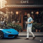 Fashionable man in light blue shirt, white trousers, and brown shoes holding a coffee cup, walking past a bright blue Lamborghini parked in front of a modern café with hanging lights