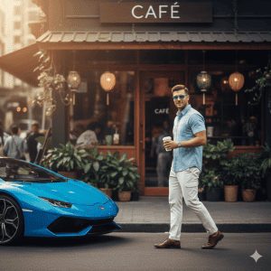 Fashionable man in light blue shirt, white trousers, and brown shoes holding a coffee cup, walking past a bright blue Lamborghini parked in front of a modern café with hanging lights