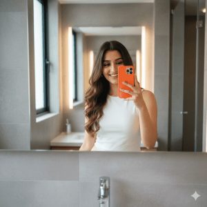 Smiling young woman with wavy hair wearing a white sleeveless top taking a mirror selfie with an orange smartphone in a sleek modern bathroom