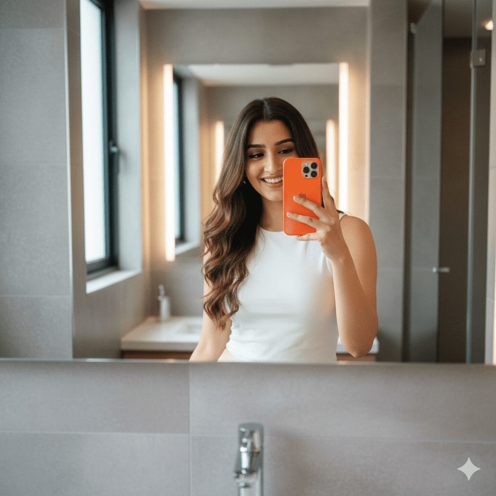 Smiling young woman with wavy hair wearing a white sleeveless top taking a mirror selfie with an orange smartphone in a sleek modern bathroom