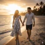 Romantic couple walking hand in hand on tropical beach at sunset, enjoying peaceful seaside vacation with palm trees and golden sky