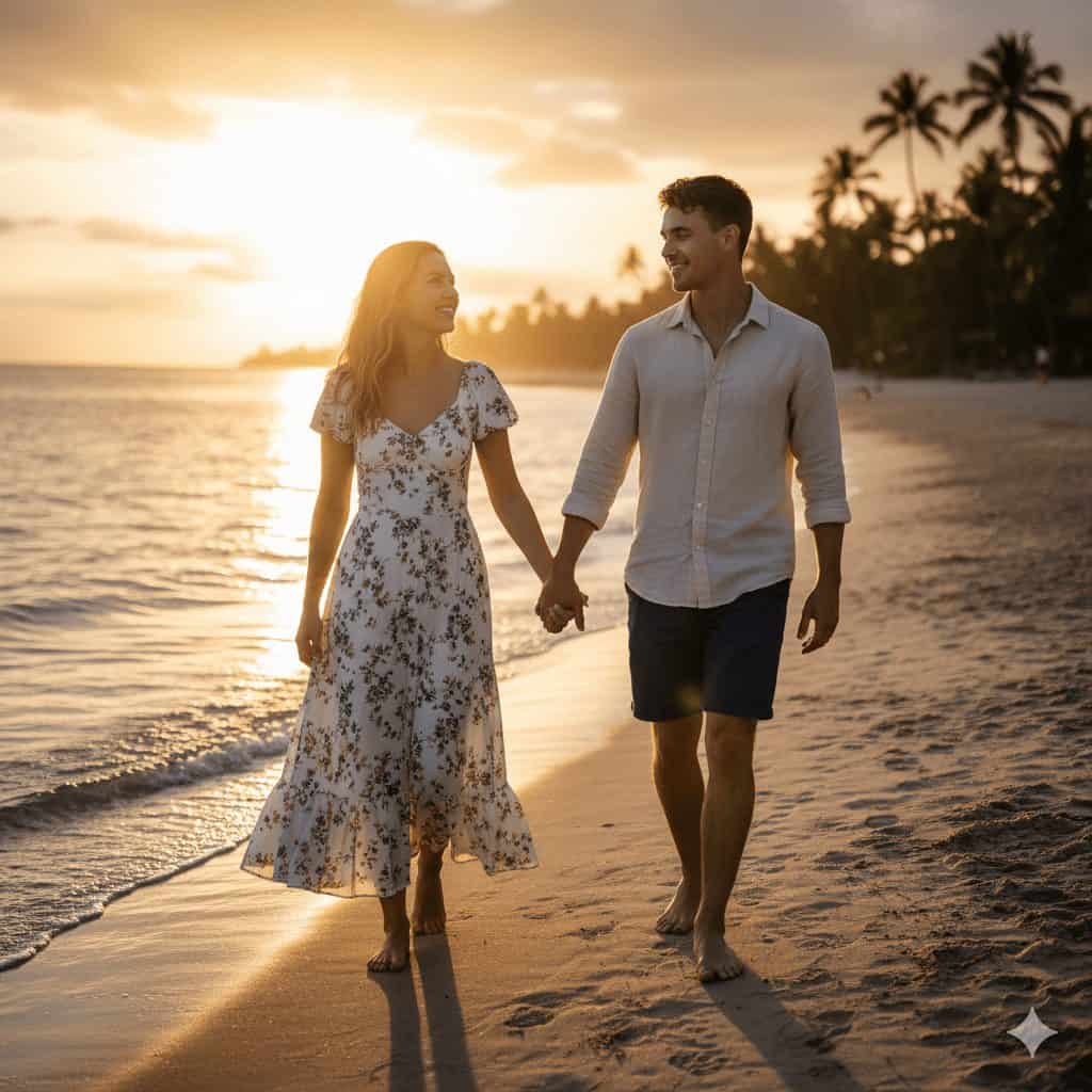 Romantic couple walking hand in hand on tropical beach at sunset, enjoying peaceful seaside vacation with palm trees and golden sky