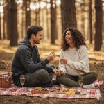 Smiling couple enjoying a relaxed autumn picnic on a red checkered blanket in a quiet forest, sharing fruit and laughing together