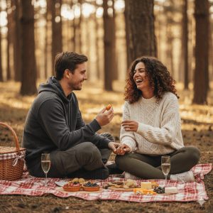 Smiling couple enjoying a relaxed autumn picnic on a red checkered blanket in a quiet forest, sharing fruit and laughing together