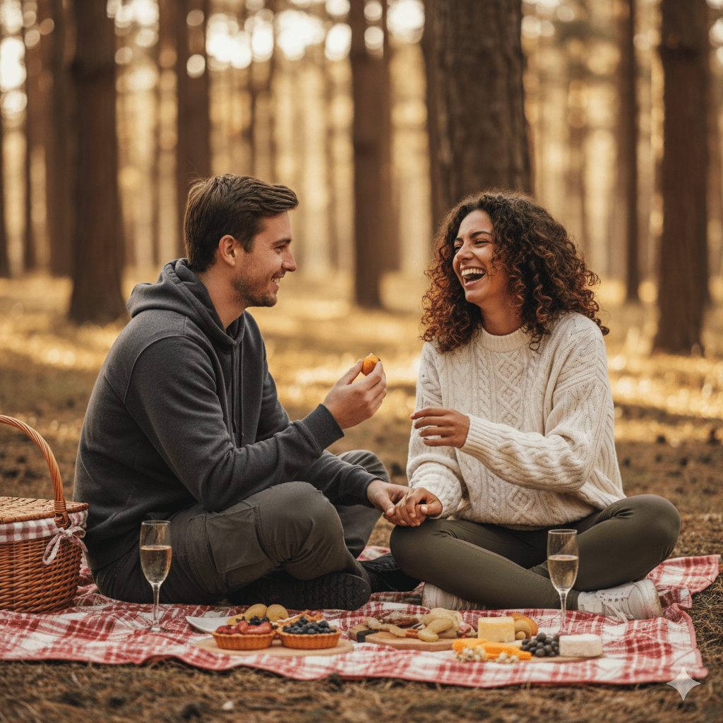 Smiling couple enjoying a relaxed autumn picnic on a red checkered blanket in a quiet forest, sharing fruit and laughing together