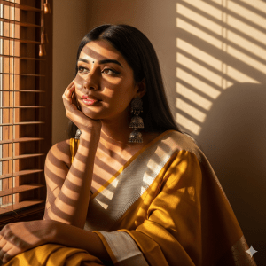 Beautiful Indian woman in yellow saree with silver border sitting near window light – traditional fashion portrait