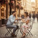 Smiling couple enjoying coffee together at outdoor European-style street café with cobblestone pavement and warm evening light