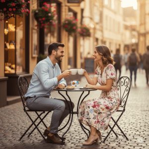 Smiling couple enjoying coffee together at outdoor European-style street café with cobblestone pavement and warm evening light