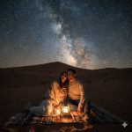 Romantic couple sitting on blanket with lantern under starry desert sky and Milky Way, enjoying night stargazing in sand dunes