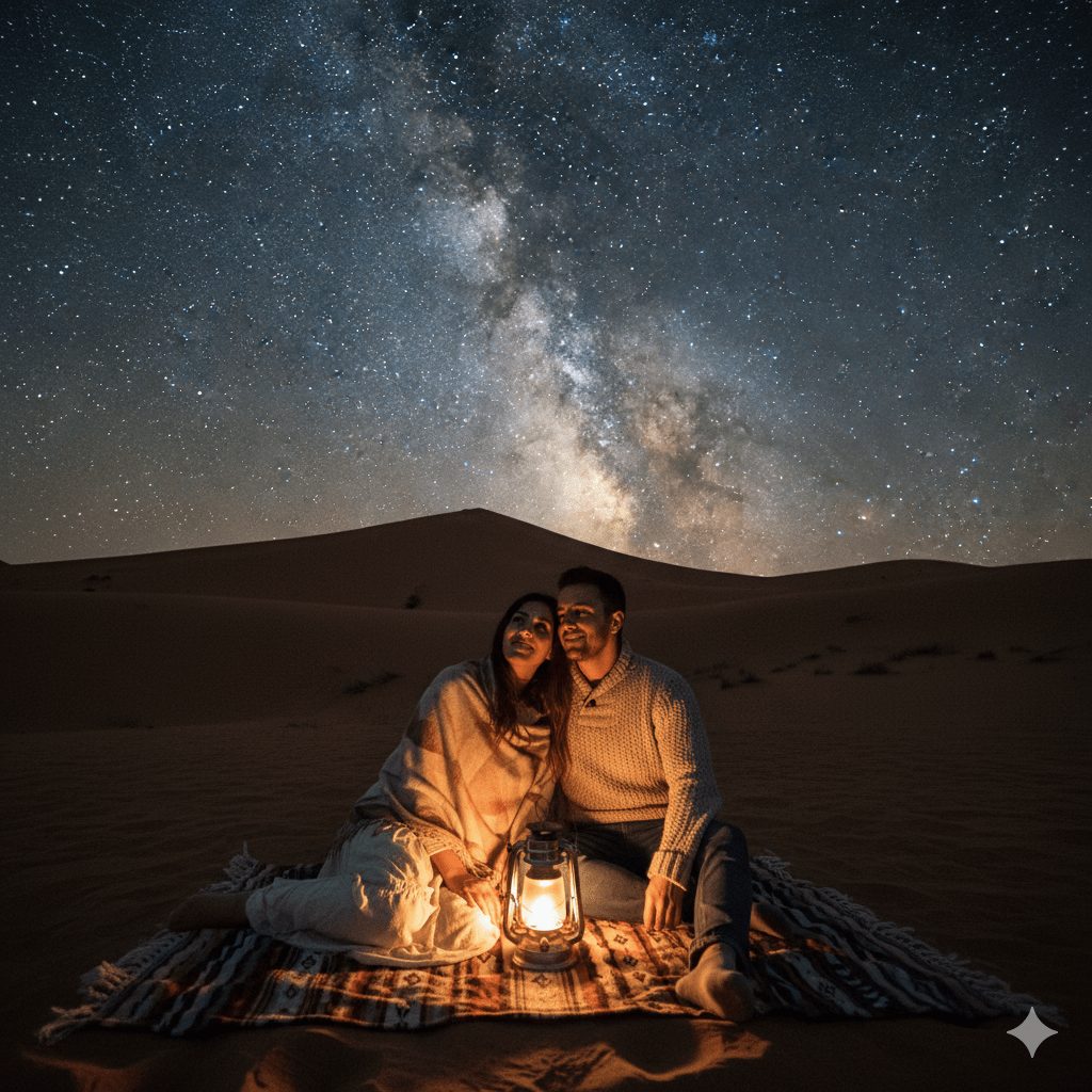 Romantic couple sitting on blanket with lantern under starry desert sky and Milky Way, enjoying night stargazing in sand dunes