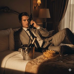 A handsome man with wind-blown dark hair, wearing a white unbuttoned linen shirt and white trousers, sitting barefoot on a luxury yacht deck at sunset, holding sunglasses.
