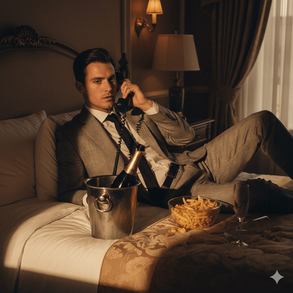 A handsome man with wind-blown dark hair, wearing a white unbuttoned linen shirt and white trousers, sitting barefoot on a luxury yacht deck at sunset, holding sunglasses.