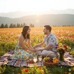 Smiling couple having a romantic summer picnic on a colorful wildflower meadow with mountains in the background and a basket of fresh fruit and drinks