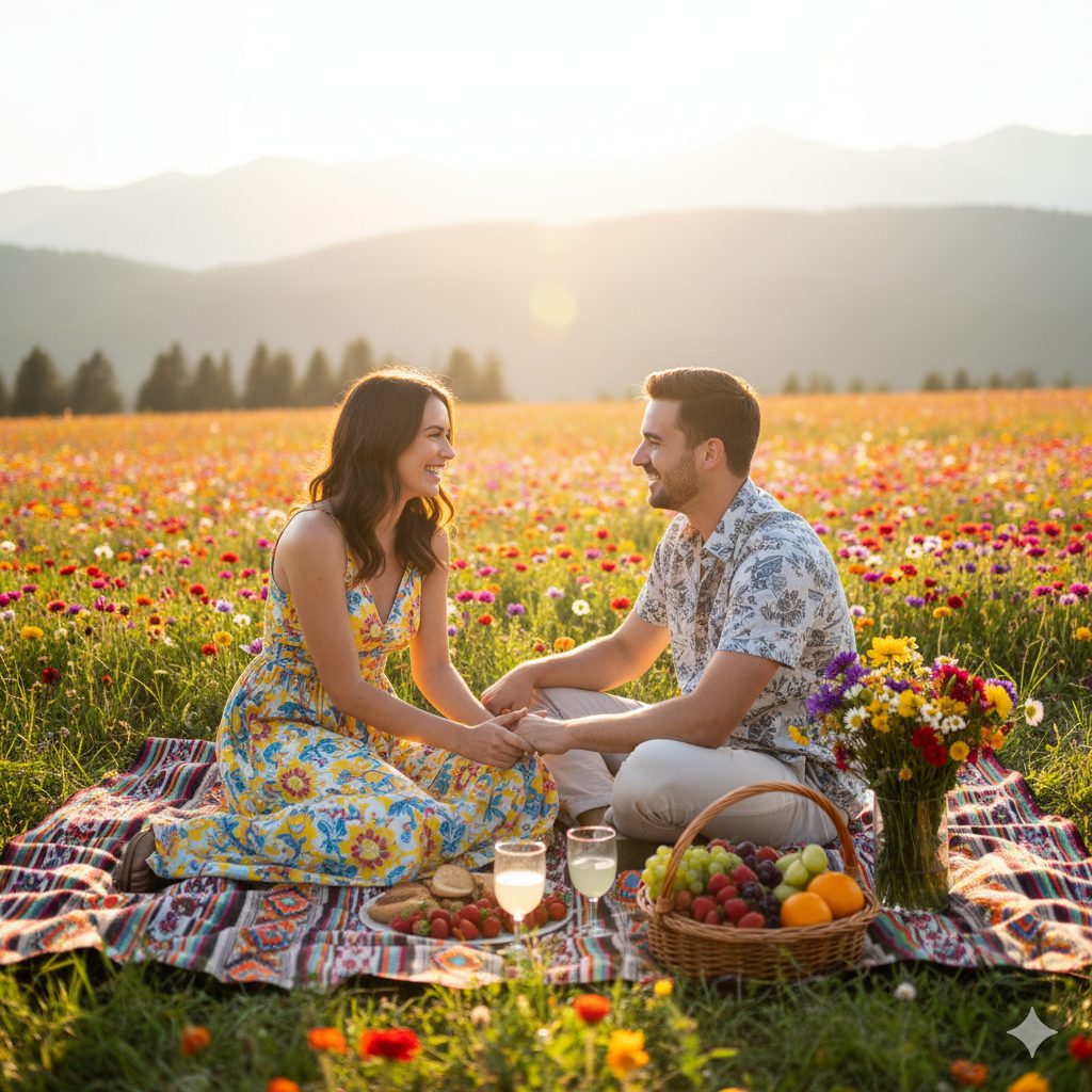 Smiling couple having a romantic summer picnic on a colorful wildflower meadow with mountains in the background and a basket of fresh fruit and drinks