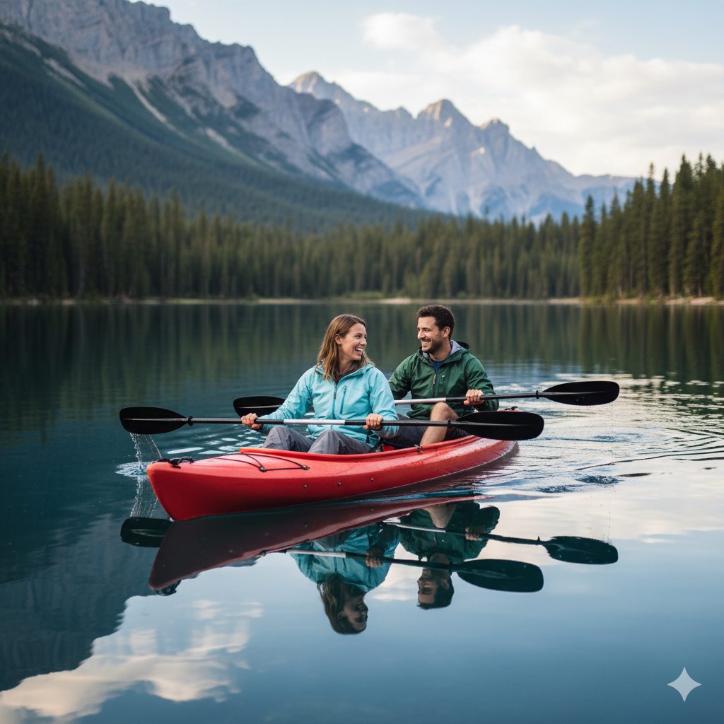 Smiling couple paddling a red kayak on a calm mountain lake with evergreen forest and dramatic rocky peaks in the background