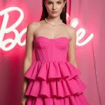 A beautiful young woman wearing a strapless hot pink corset mini-dress with a tiered ruffled skirt, a pearl necklace, and a matching pink headband, posing in front of a pink wall with a glowing neon sign.