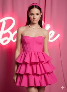 A beautiful young woman wearing a strapless hot pink corset mini-dress with a tiered ruffled skirt, a pearl necklace, and a matching pink headband, posing in front of a pink wall with a glowing neon sign.