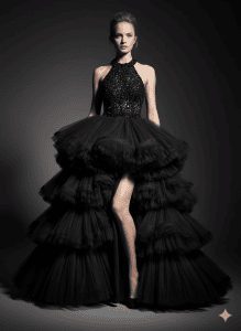 Haute couture black evening gown with dramatic tiered tulle layers and a sparkling beaded halter bodice, modeled in a minimalist studio with moody lighting