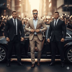 Confident man in beige designer suit and blue sunglasses stepping out of a luxury black car, flanked by two suited bodyguards on a bustling city street at golden hour