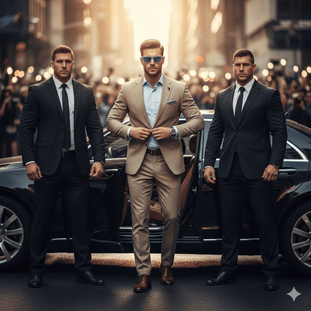 Confident man in beige designer suit and blue sunglasses stepping out of a luxury black car, flanked by two suited bodyguards on a bustling city street at golden hour