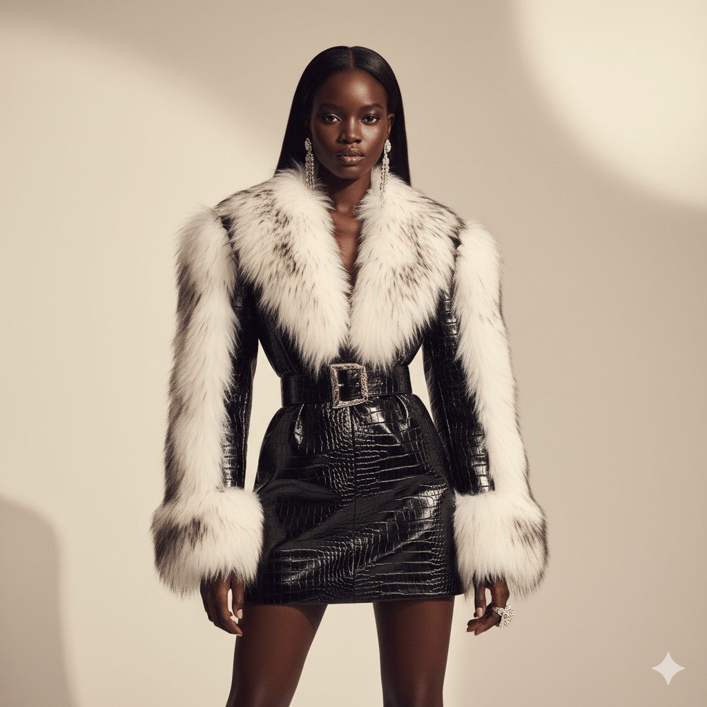 A fashionable woman with bright pink hair wears a long-sleeved, fuchsia pink puff-sleeve crop top and a multi-color, patchwork, sequined Lehenga skirt with a train, posing in a luxurious, traditional living room.