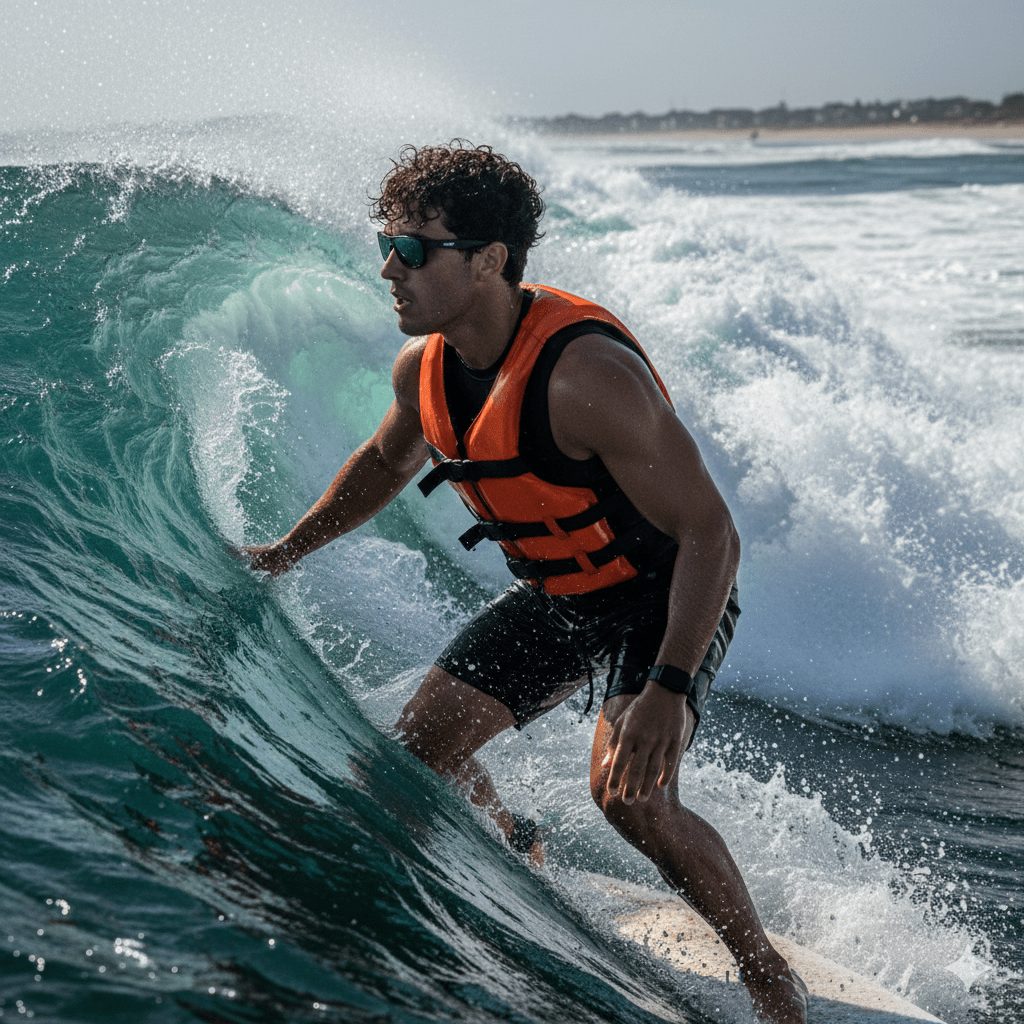 A happy, smiling young boy with blond hair, riding in a metal grocery shopping cart in the middle of a brightly lit supermarket aisle, pretending to steer a toy wheel.